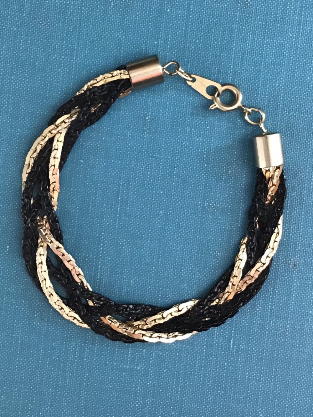 VTG 1980s Braided Multi Strand Black & Gold Chain Bracelet 7” Excellent